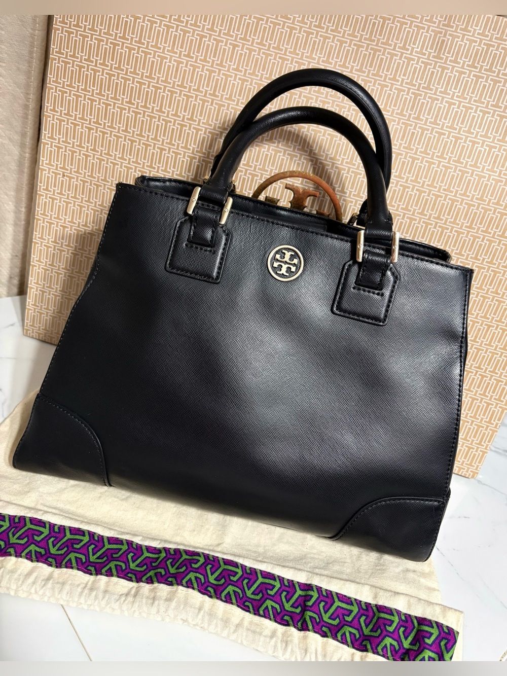 Tory Burch Black Leather Logo Satchel with Gold Hardware